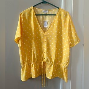 Loft Yellow Polka Dot Peplum Blouse - Large - NWT